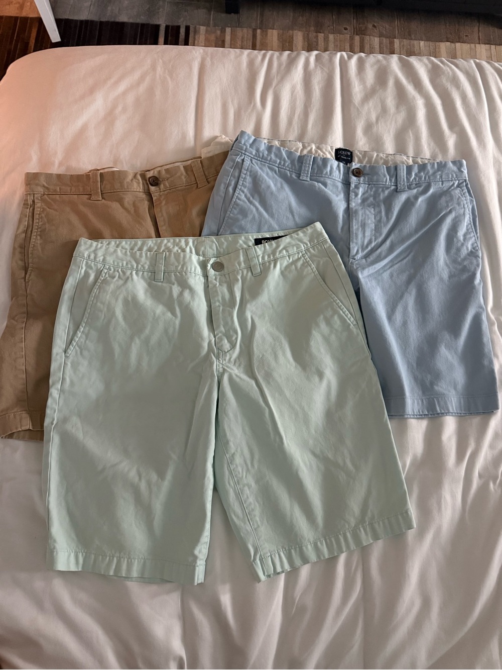 J. Crew Light Blue & Tan Flat-Front Cotton chino Shorts. Bonobos mint shorts 32